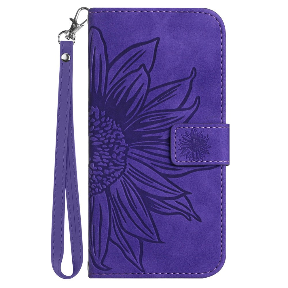 For Samsung Galaxy M33 5G (Global Version) HT04 Skin-Touch PU Leather Phone Shockproof Case Imprinted Sunflower Flip Stand Wallet Cover with Hand Strap - Dark Purple