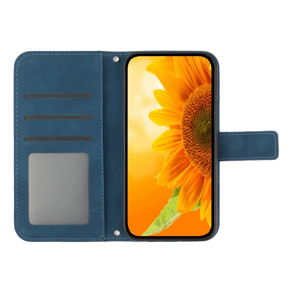 For Samsung Galaxy M33 5G (Global Version) HT04 Skin-Touch PU Leather Phone Shockproof Case Imprinted Sunflower Flip Stand Wallet Cover with Hand Strap - Dark Blue