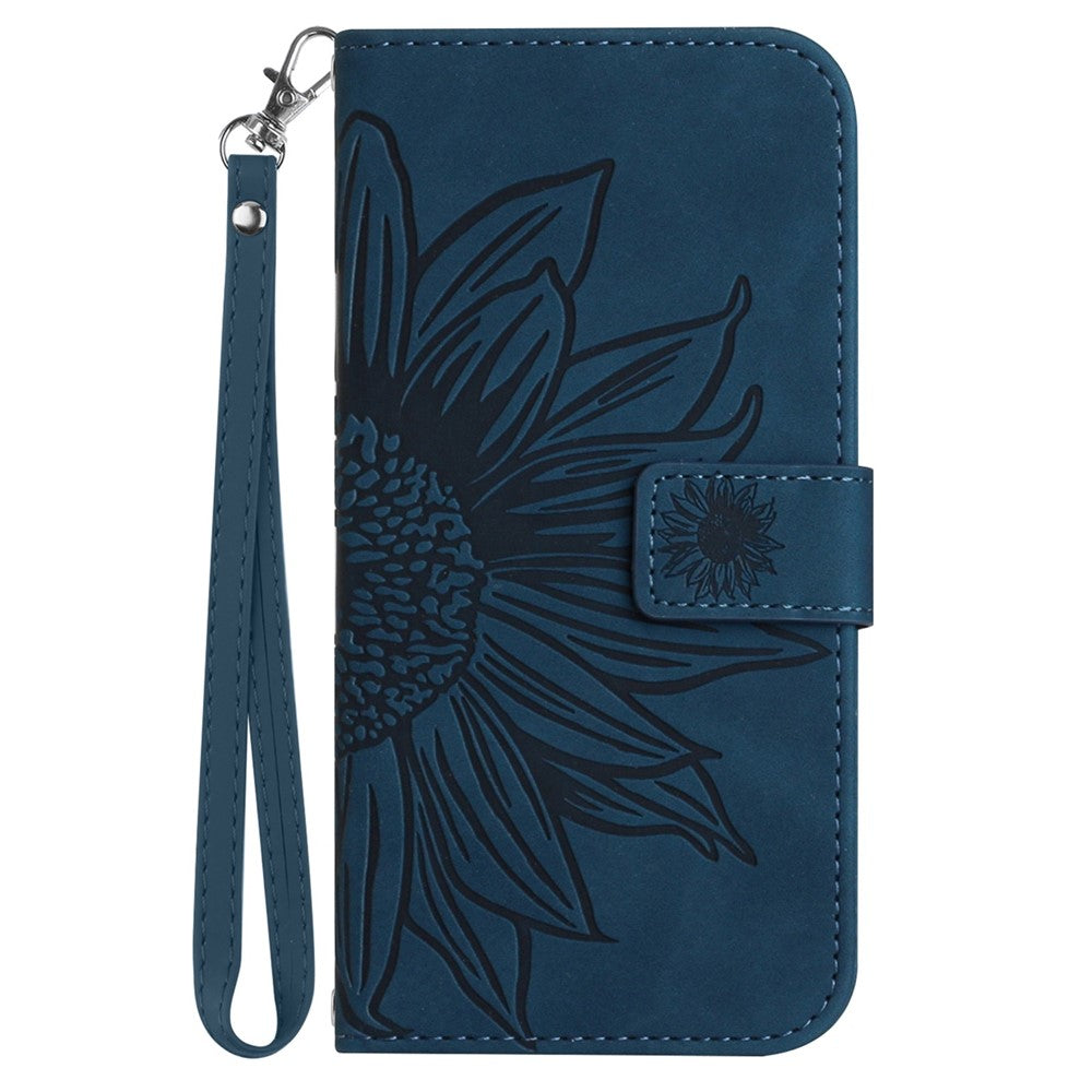 For Samsung Galaxy M33 5G (Global Version) HT04 Skin-Touch PU Leather Phone Shockproof Case Imprinted Sunflower Flip Stand Wallet Cover with Hand Strap - Dark Blue