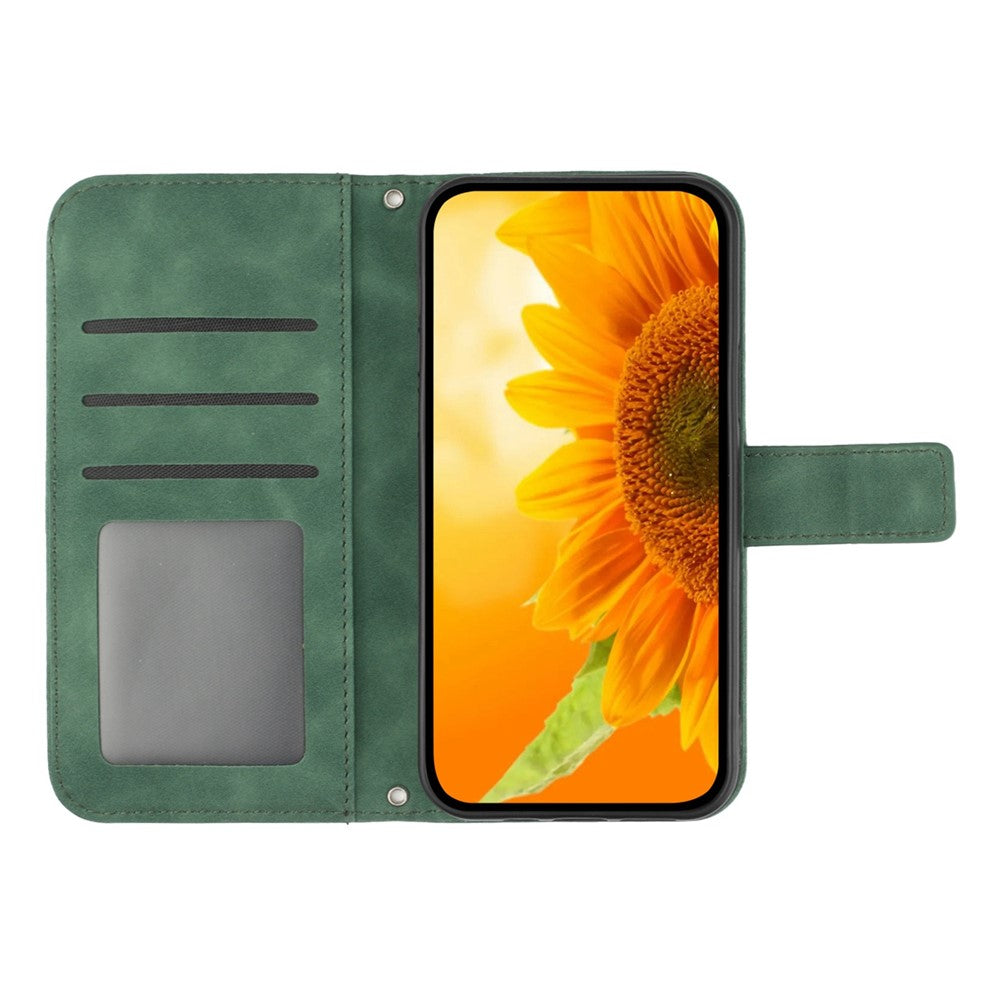 For Samsung Galaxy M33 5G (Global Version) HT04 Skin-Touch PU Leather Phone Shockproof Case Imprinted Sunflower Flip Stand Wallet Cover with Hand Strap - Dark Green