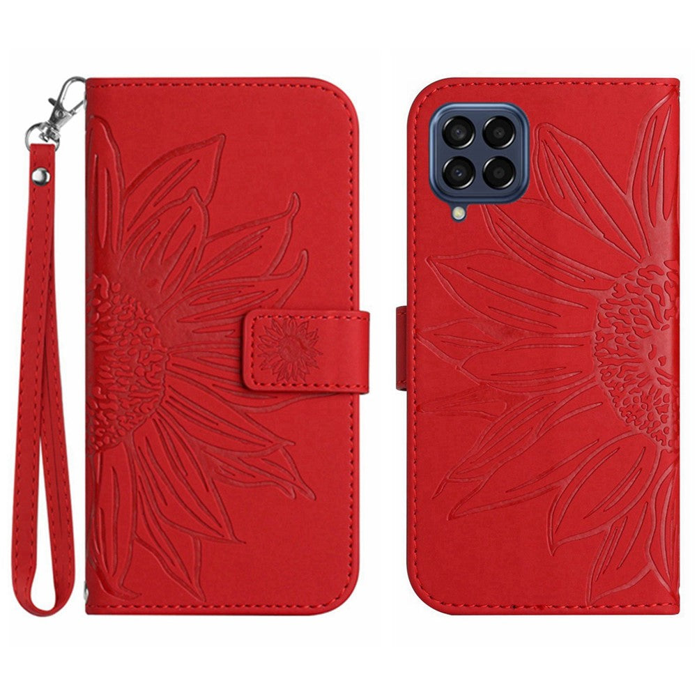 For Samsung Galaxy M33 5G (Global Version) HT04 Skin-Touch PU Leather Phone Shockproof Case Imprinted Sunflower Flip Stand Wallet Cover with Hand Strap - Red
