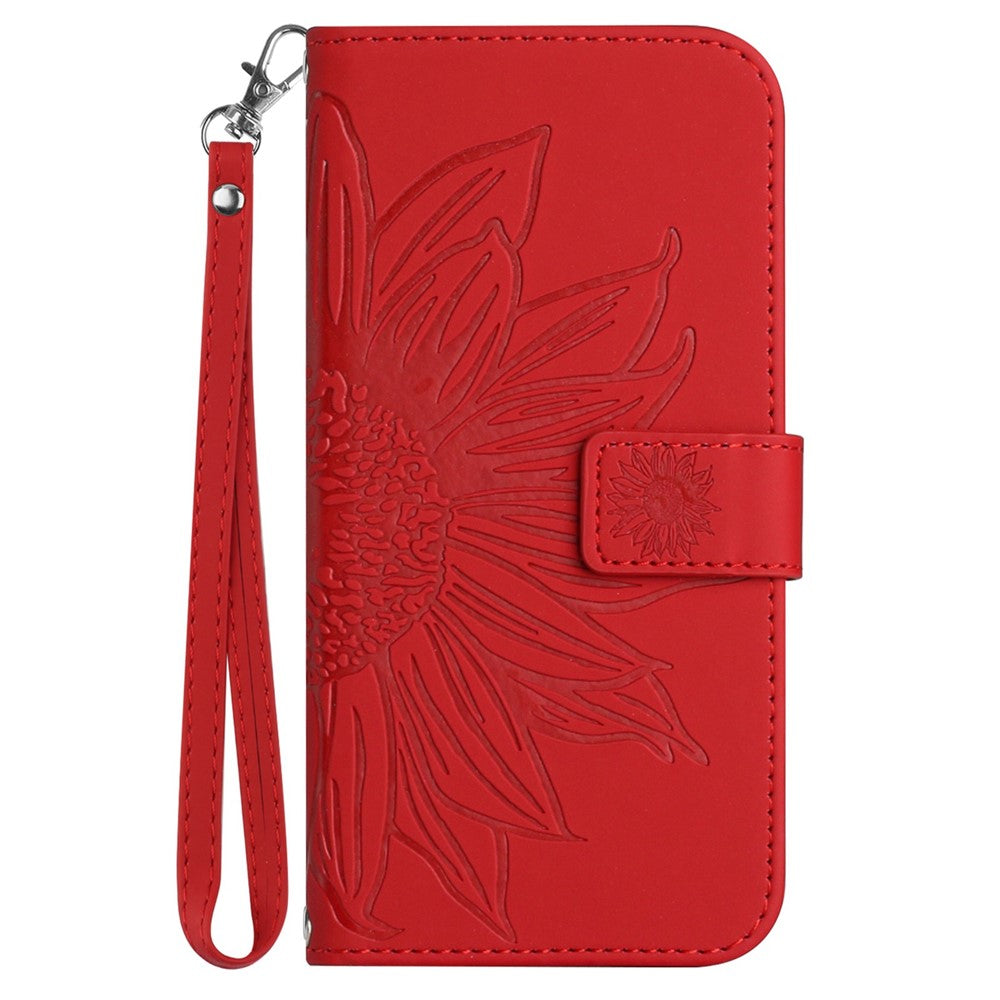 For Samsung Galaxy M33 5G (Global Version) HT04 Skin-Touch PU Leather Phone Shockproof Case Imprinted Sunflower Flip Stand Wallet Cover with Hand Strap - Red