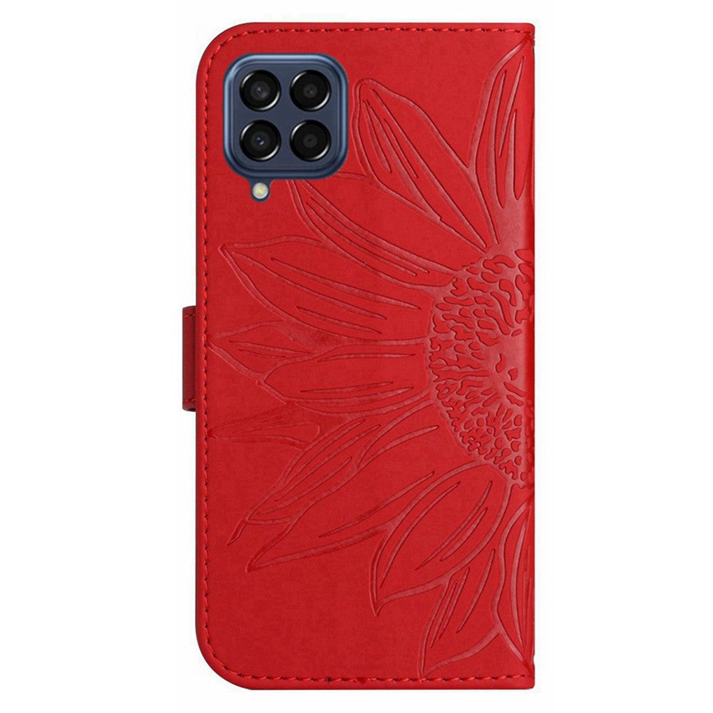 For Samsung Galaxy M33 5G (Global Version) HT04 Skin-Touch PU Leather Phone Shockproof Case Imprinted Sunflower Flip Stand Wallet Cover with Hand Strap - Red