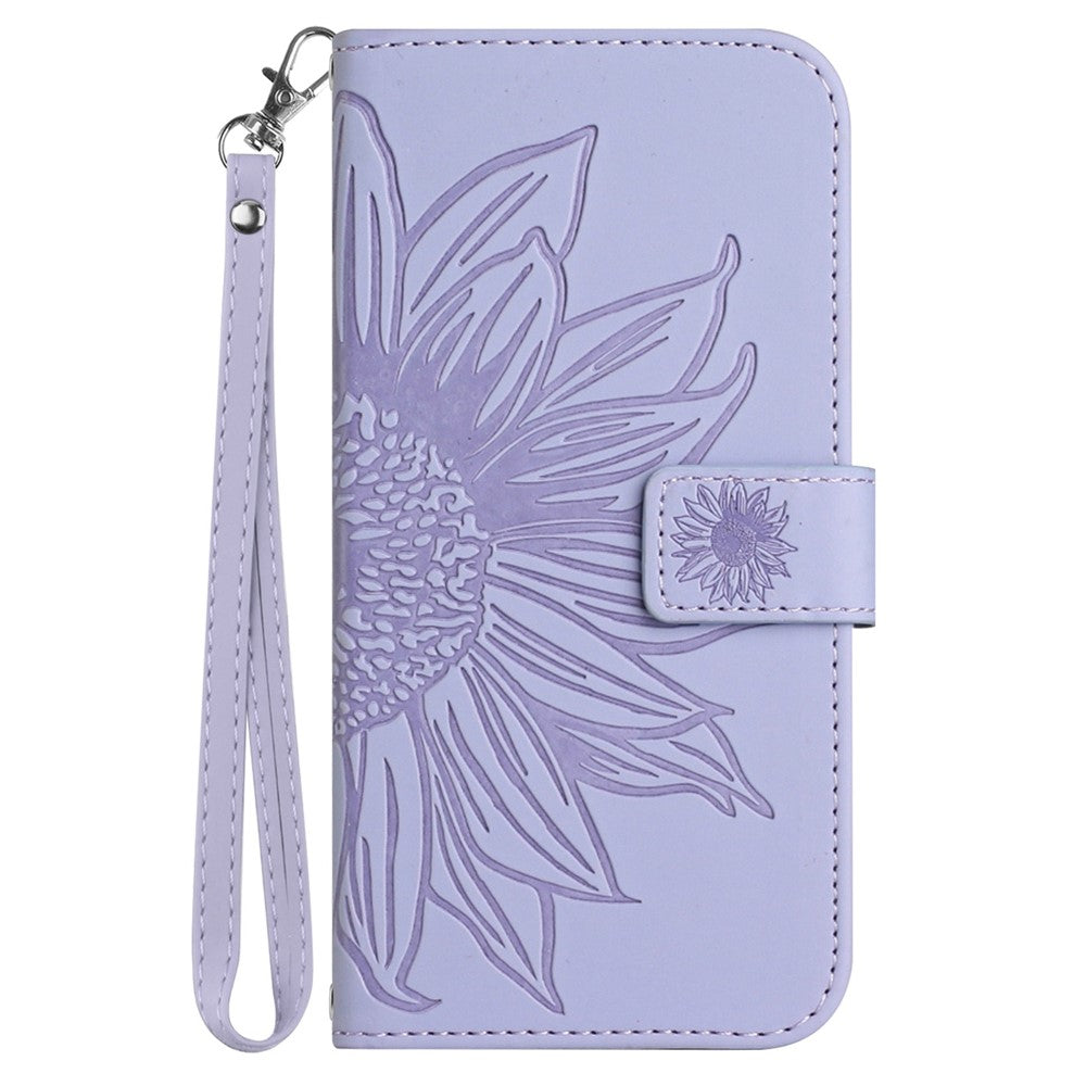 For Samsung Galaxy M33 5G (Global Version) HT04 Skin-Touch PU Leather Phone Shockproof Case Imprinted Sunflower Flip Stand Wallet Cover with Hand Strap - Light Purple