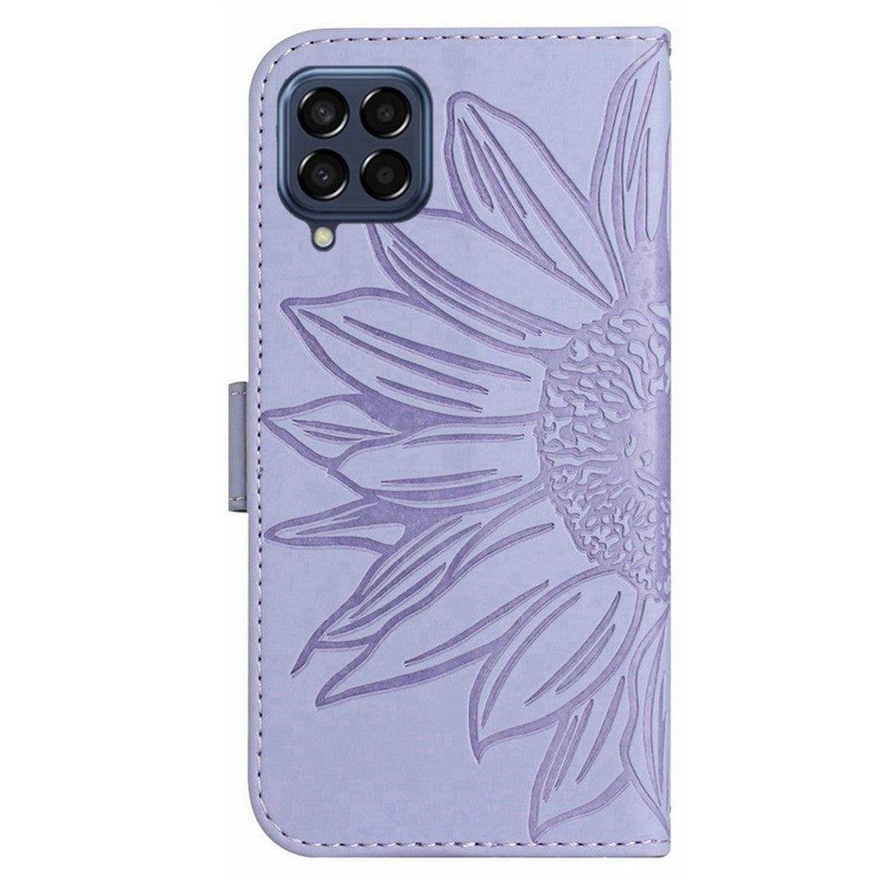 For Samsung Galaxy M33 5G (Global Version) HT04 Skin-Touch PU Leather Phone Shockproof Case Imprinted Sunflower Flip Stand Wallet Cover with Hand Strap - Light Purple