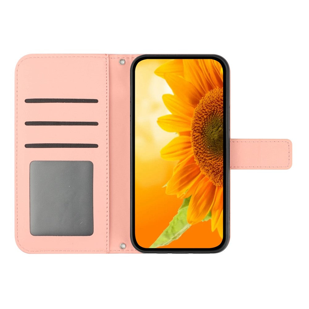 For Samsung Galaxy M33 5G (Global Version) HT04 Skin-Touch PU Leather Phone Shockproof Case Imprinted Sunflower Flip Stand Wallet Cover with Hand Strap - Light Pink