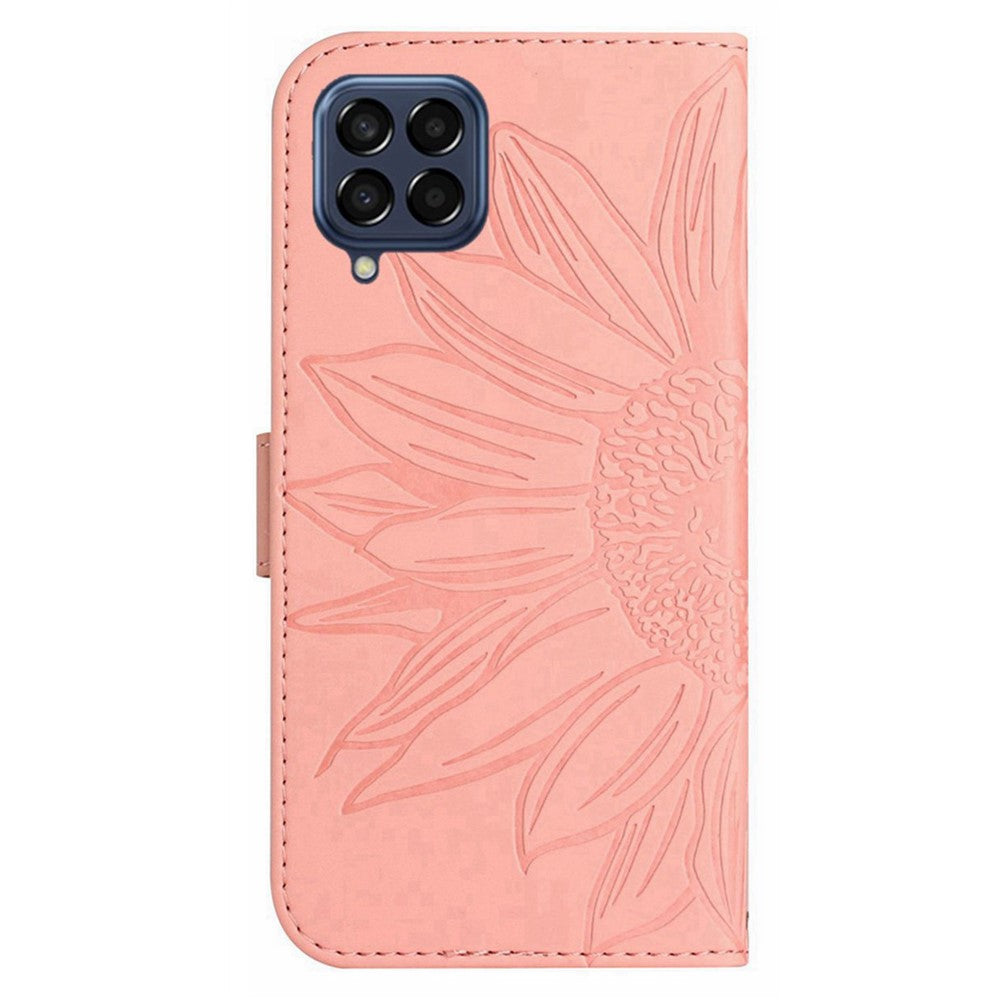 For Samsung Galaxy M33 5G (Global Version) HT04 Skin-Touch PU Leather Phone Shockproof Case Imprinted Sunflower Flip Stand Wallet Cover with Hand Strap - Light Pink