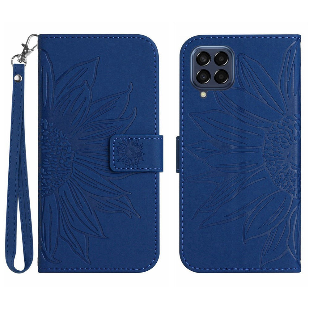 For Samsung Galaxy M33 5G (Global Version) HT04 Skin-Touch PU Leather Phone Shockproof Case Imprinted Sunflower Flip Stand Wallet Cover with Hand Strap - Sapphire