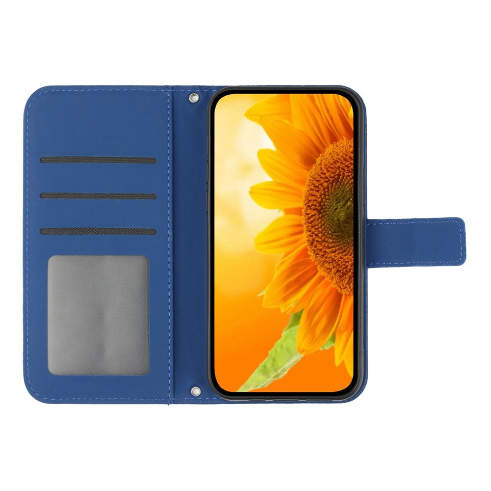 For Samsung Galaxy M33 5G (Global Version) HT04 Skin-Touch PU Leather Phone Shockproof Case Imprinted Sunflower Flip Stand Wallet Cover with Hand Strap - Sapphire