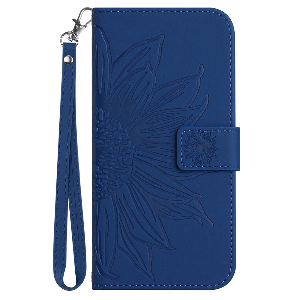 For Samsung Galaxy M33 5G (Global Version) HT04 Skin-Touch PU Leather Phone Shockproof Case Imprinted Sunflower Flip Stand Wallet Cover with Hand Strap - Sapphire