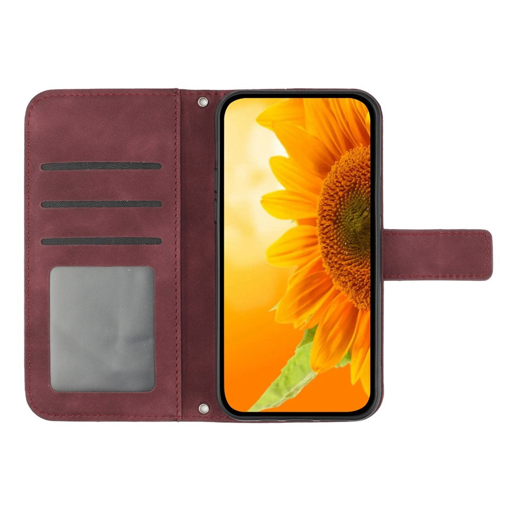 For Samsung Galaxy M33 5G (Global Version) HT04 Skin-Touch PU Leather Phone Shockproof Case Imprinted Sunflower Flip Stand Wallet Cover with Hand Strap - Wine Red