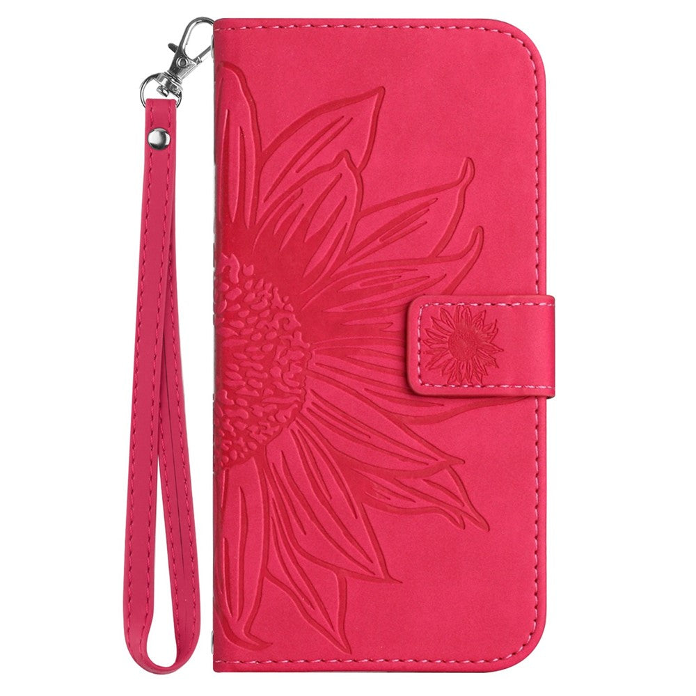For Samsung Galaxy M33 5G (Global Version) HT04 Skin-Touch PU Leather Phone Shockproof Case Imprinted Sunflower Flip Stand Wallet Cover with Hand Strap - Rose