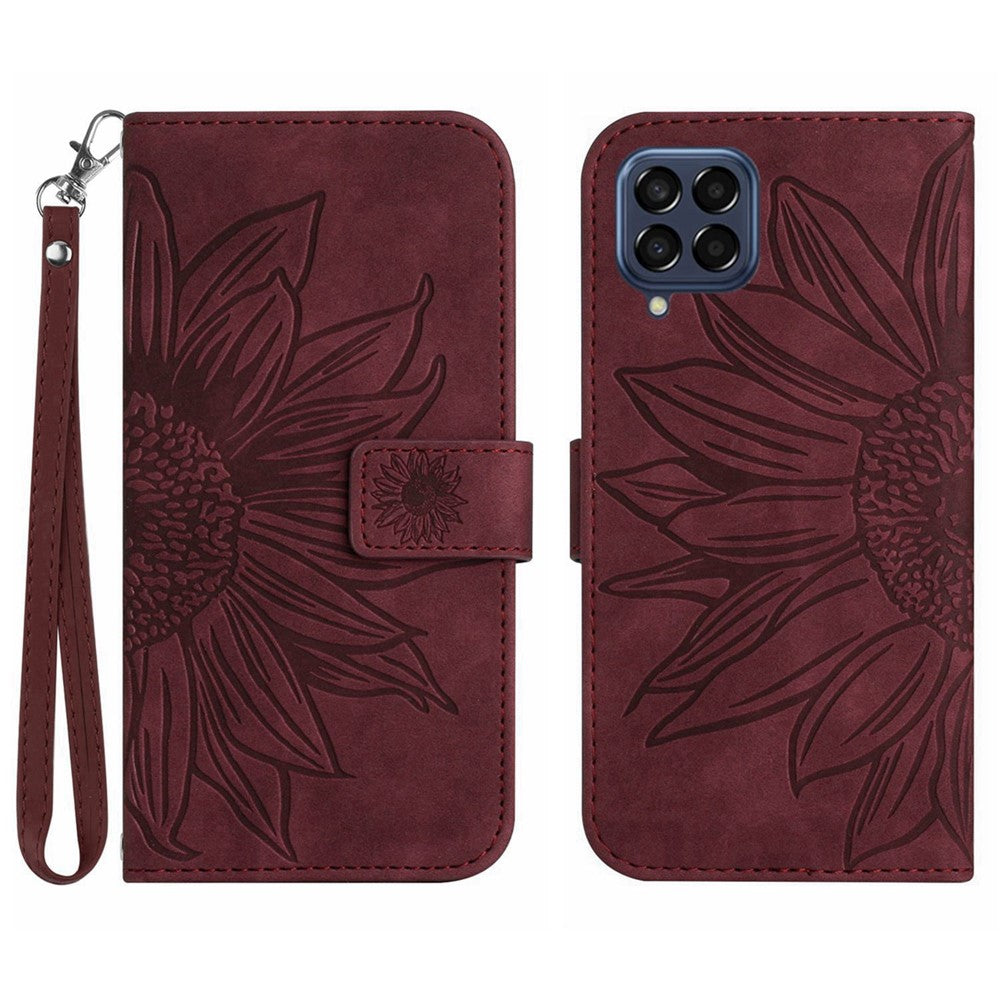 For Samsung Galaxy M53 5G HT04 Skin-touch PU Leather Cellphone Guard Cover Imprinted Sunflower Stand Wallet Phone Case with Strap - Wine Red