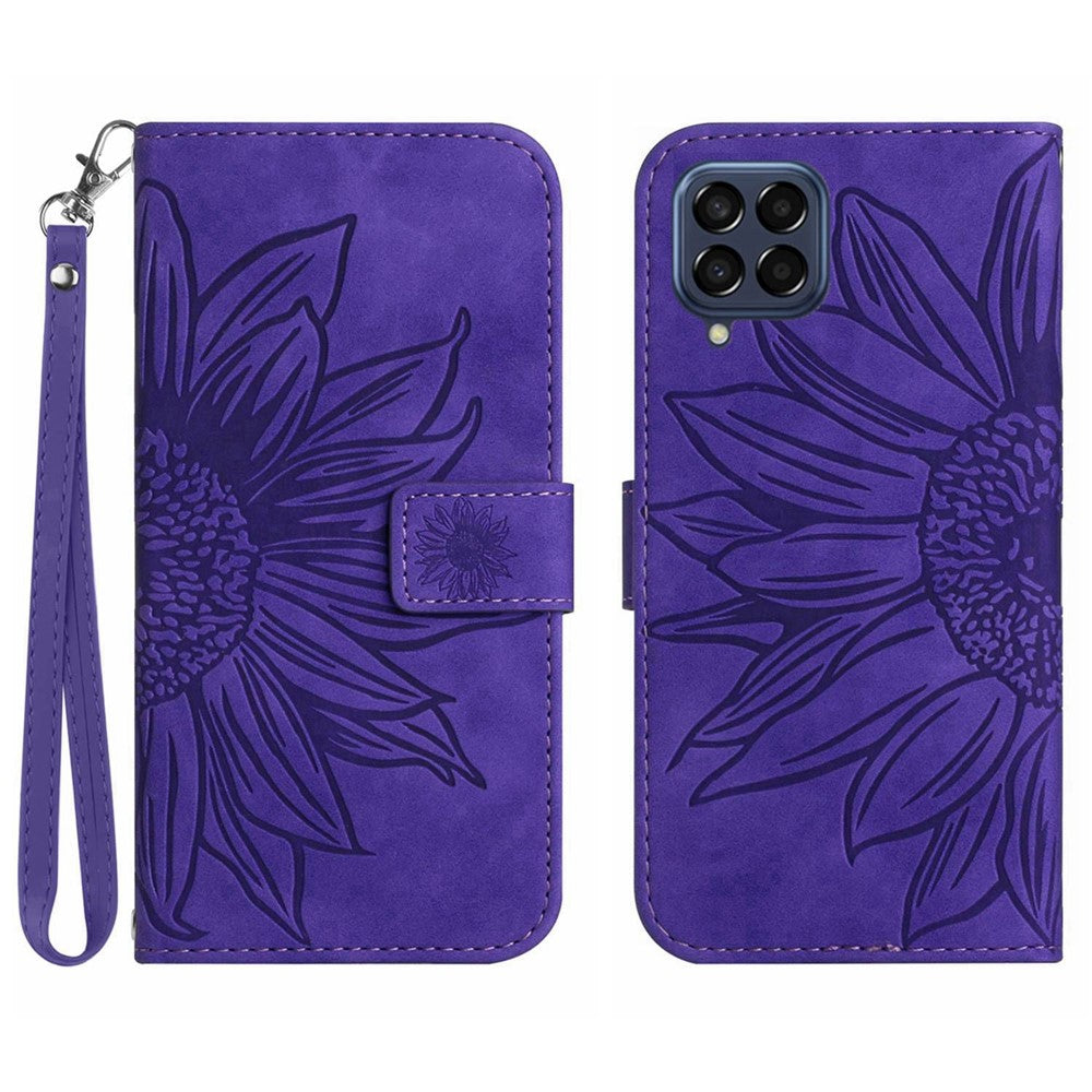 For Samsung Galaxy M53 5G HT04 Skin-touch PU Leather Cellphone Guard Cover Imprinted Sunflower Stand Wallet Phone Case with Strap - Dark Purple