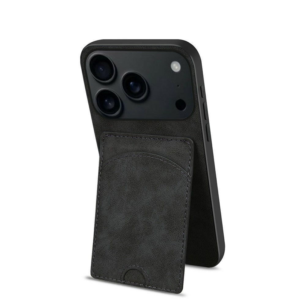 For iPhone 17 Pro Max Case Kickstand Leather Coated TPU Phone Cover with Card Slot - Black