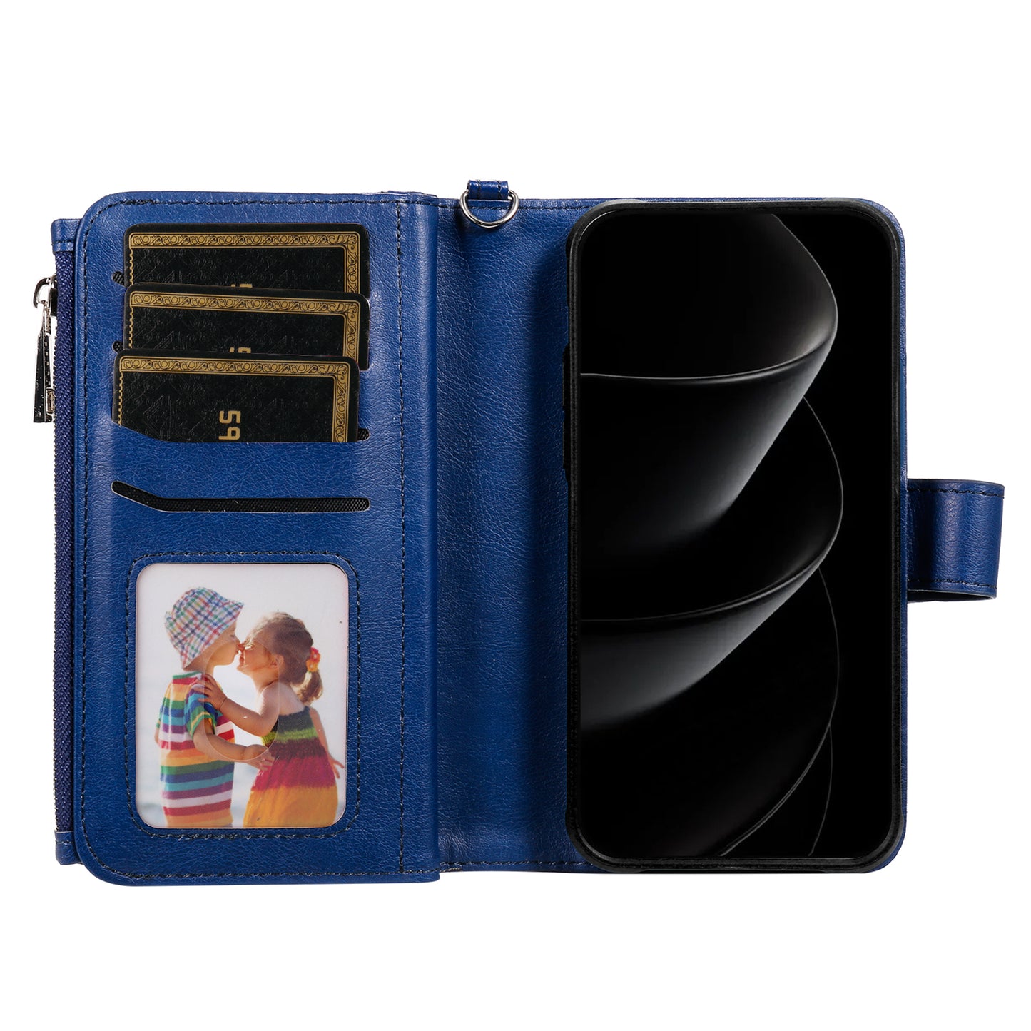 For iPhone 17 Pro Max Magnetic Leather Case Mobile Cover with Detachable Zipper Wallet Strap - Blue