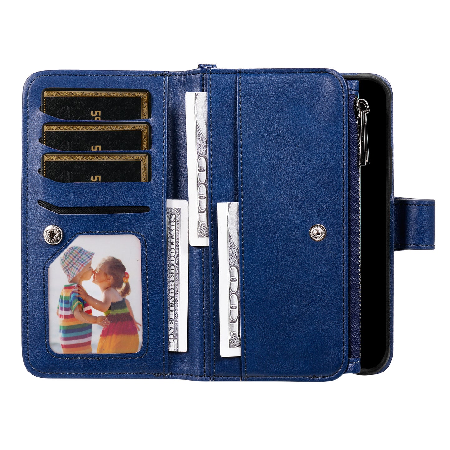 For iPhone 17 Pro Max Magnetic Leather Case Mobile Cover with Detachable Zipper Wallet Strap - Blue