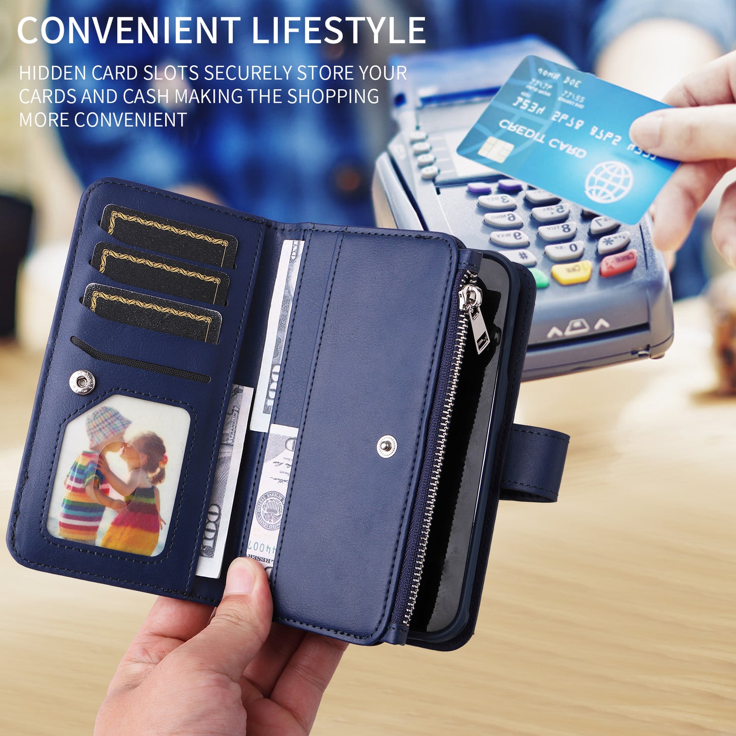 For iPhone 17 Pro Max Magnetic Leather Case Mobile Cover with Detachable Zipper Wallet Strap - Blue