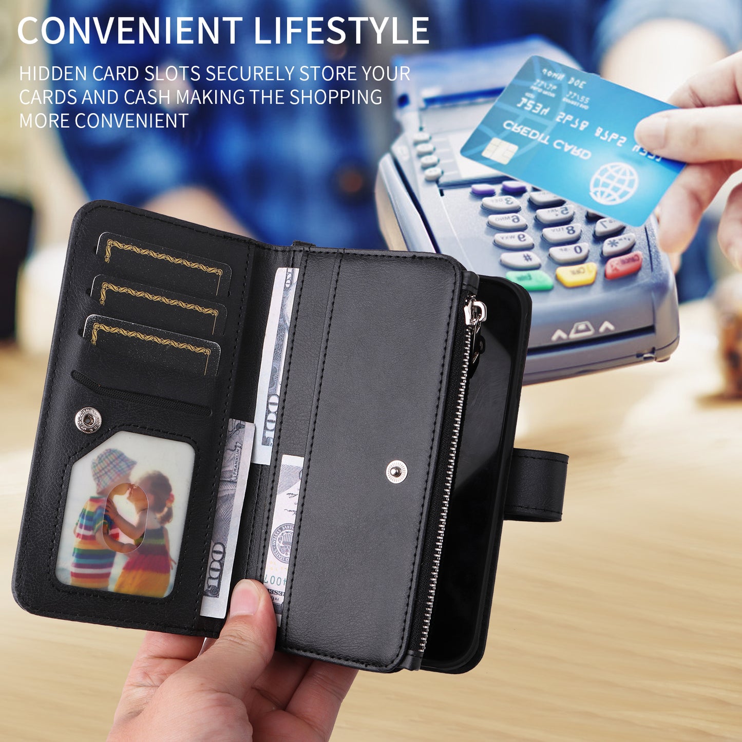 For iPhone 17 Pro Max Magnetic Leather Case Mobile Cover with Detachable Zipper Wallet Strap - Black