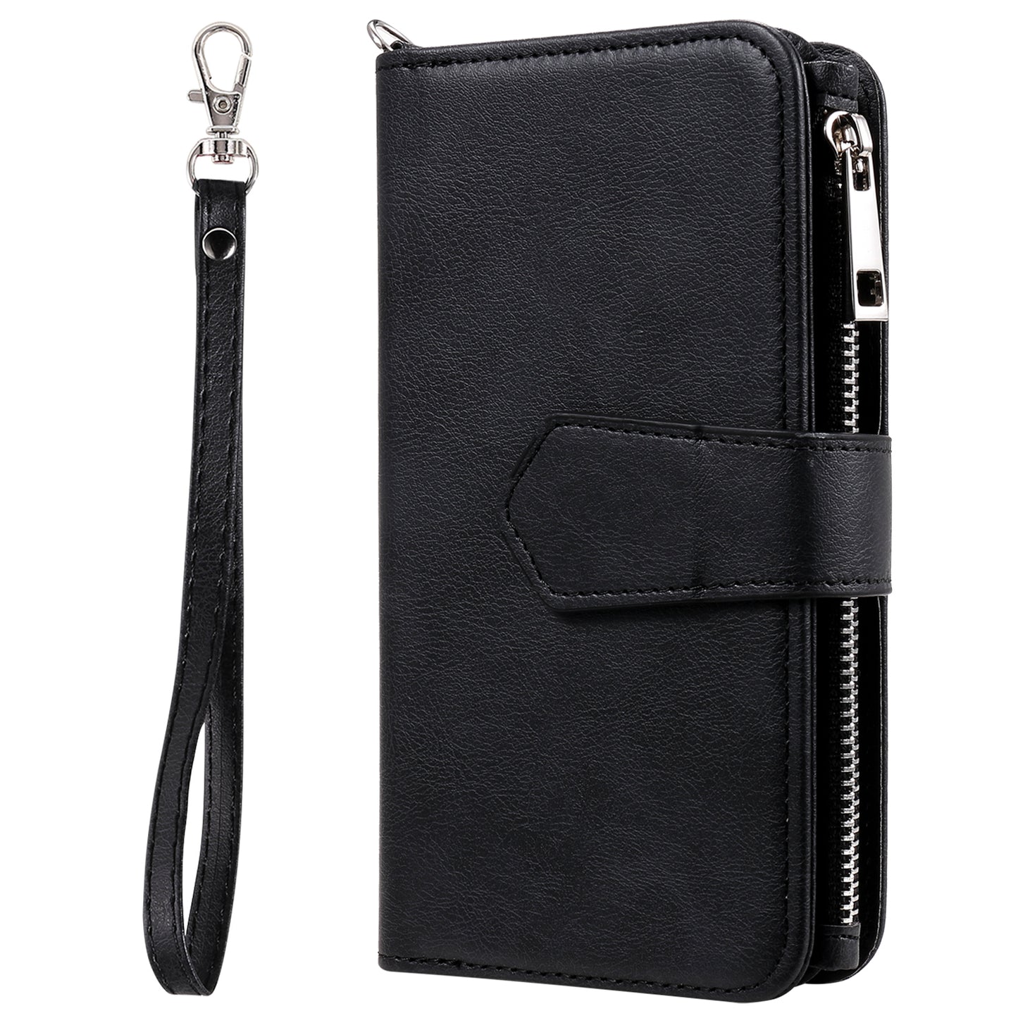 For iPhone 17 Pro Max Magnetic Leather Case Mobile Cover with Detachable Zipper Wallet Strap - Black
