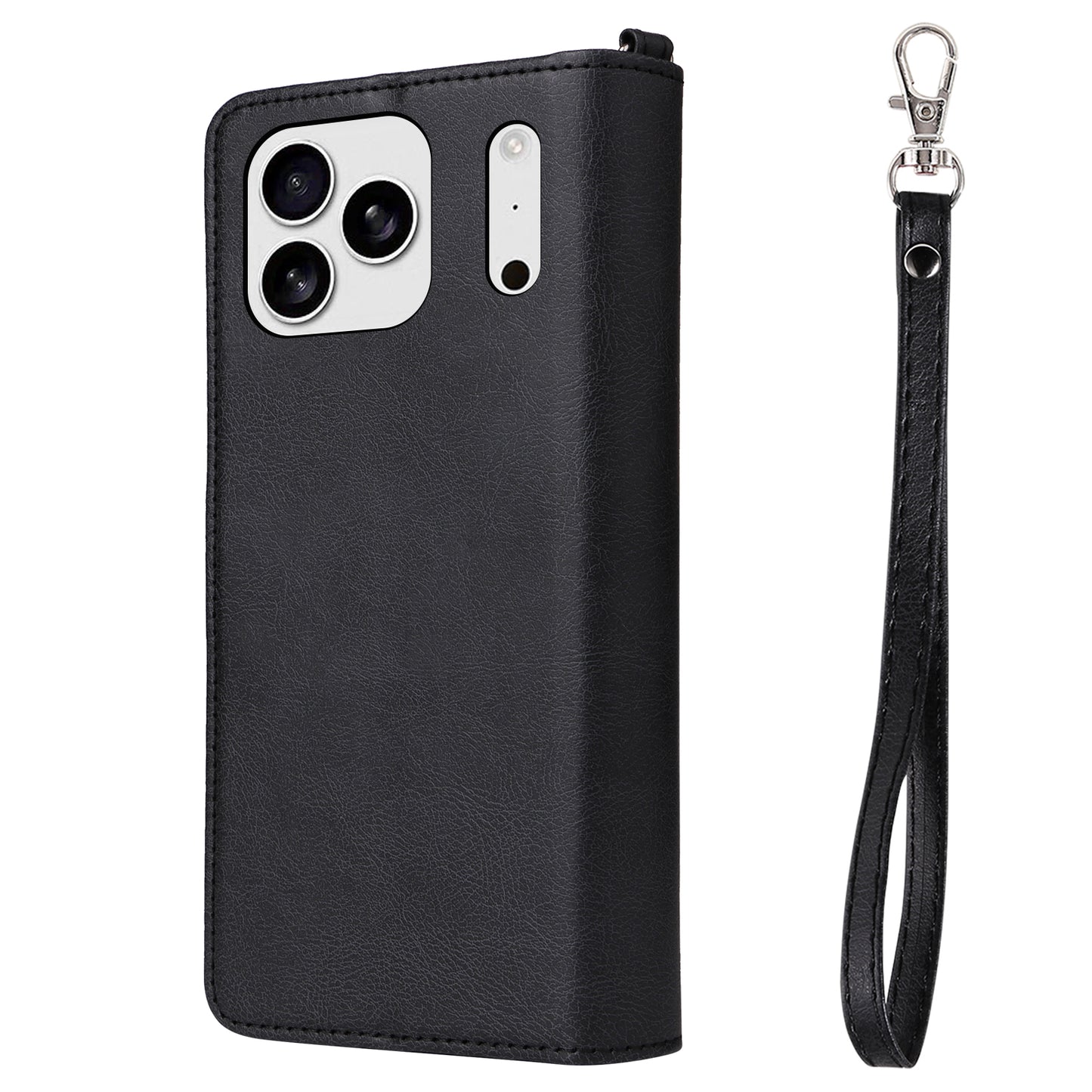 For iPhone 17 Pro Max Magnetic Leather Case Mobile Cover with Detachable Zipper Wallet Strap - Black