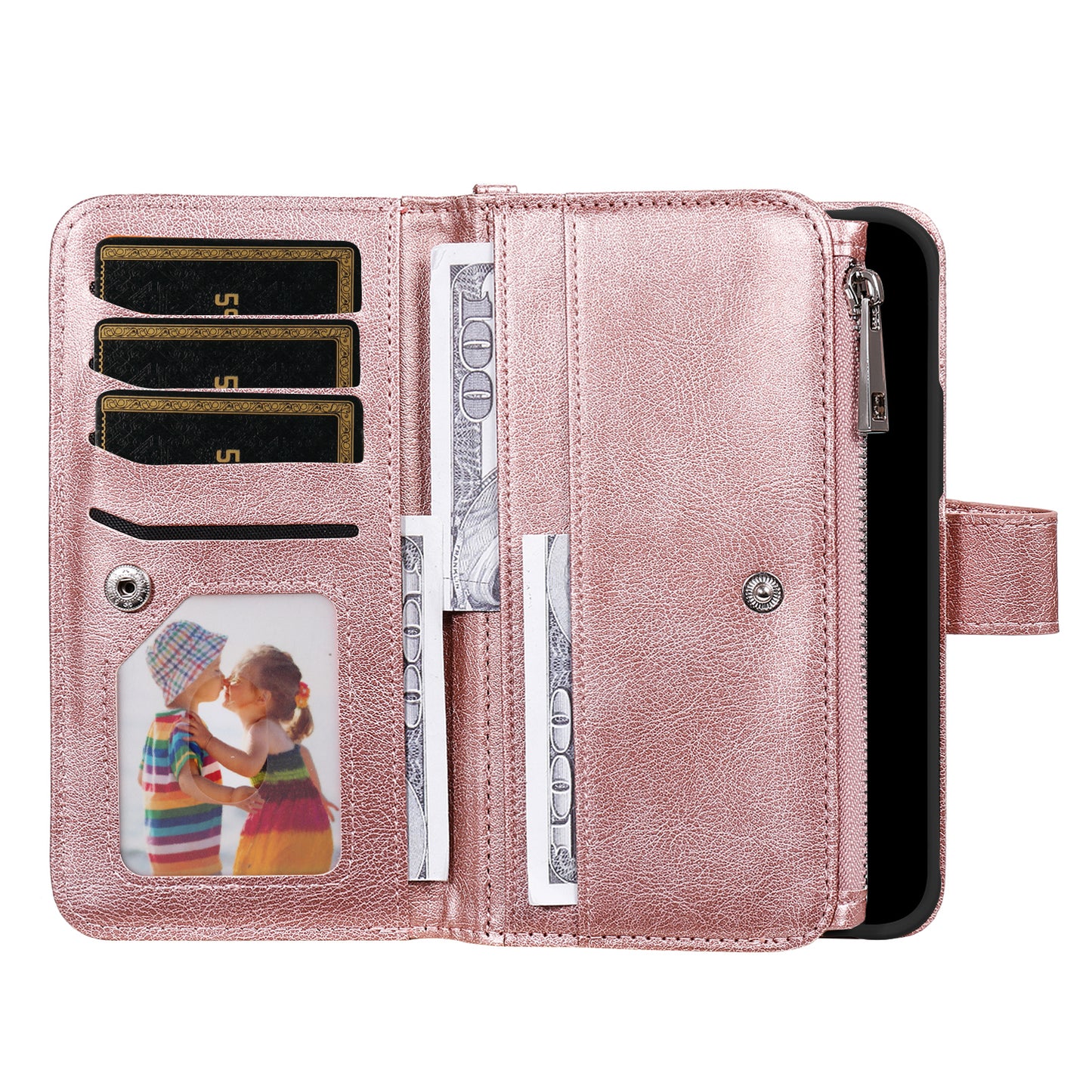 For iPhone 17 Pro Max Magnetic Leather Case Mobile Cover with Detachable Zipper Wallet Strap - Rose Gold