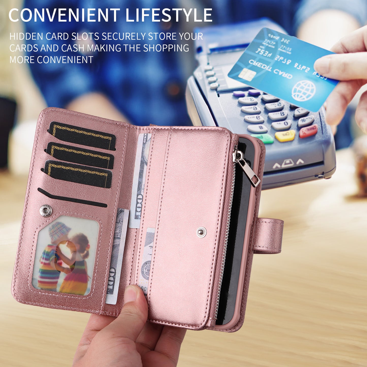 For iPhone 17 Pro Max Magnetic Leather Case Mobile Cover with Detachable Zipper Wallet Strap - Rose Gold