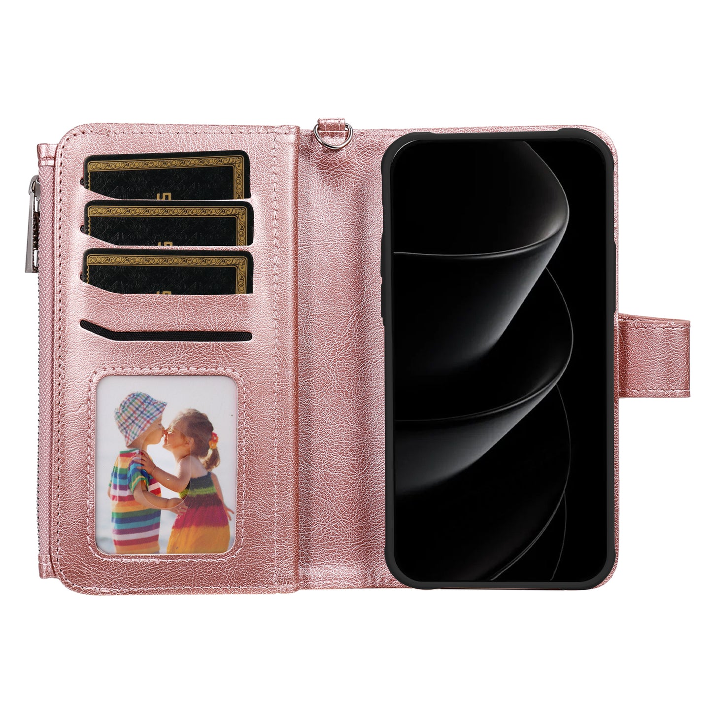 For iPhone 17 Pro Max Magnetic Leather Case Mobile Cover with Detachable Zipper Wallet Strap - Rose Gold