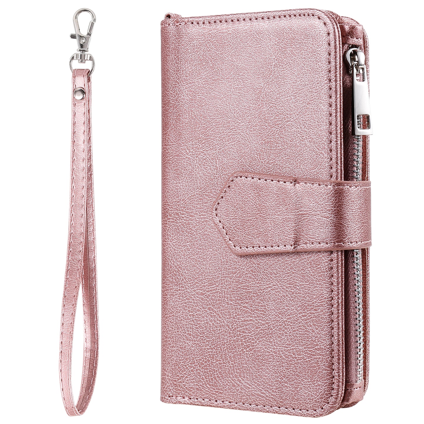 For iPhone 17 Pro Max Magnetic Leather Case Mobile Cover with Detachable Zipper Wallet Strap - Rose Gold