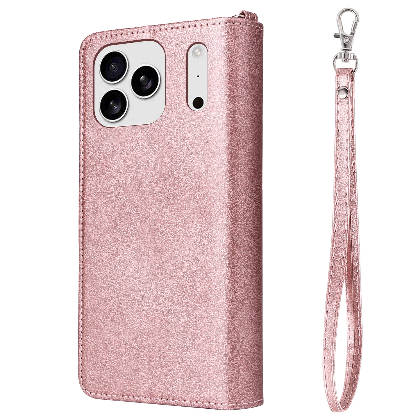 For iPhone 17 Pro Max Magnetic Leather Case Mobile Cover with Detachable Zipper Wallet Strap - Rose Gold