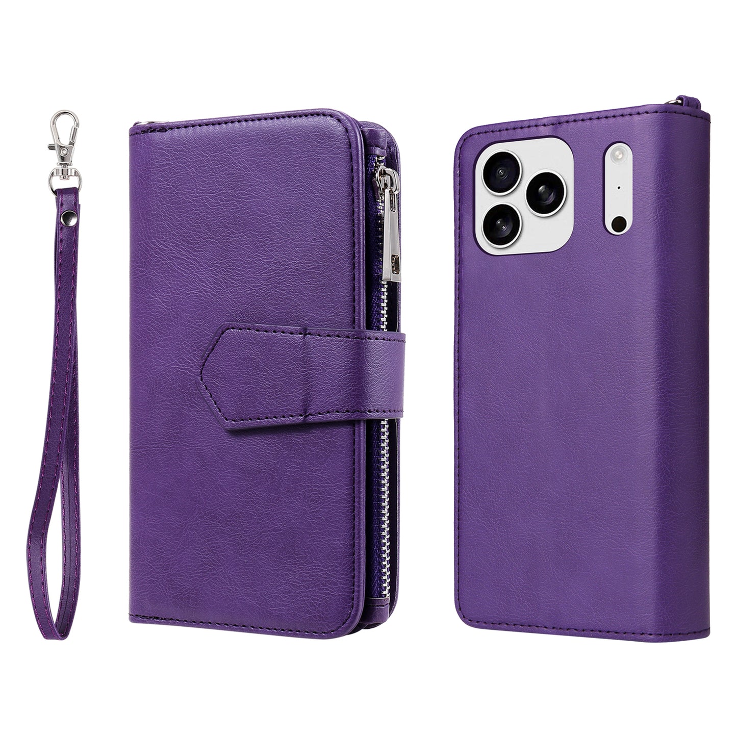 For iPhone 17 Pro Max Magnetic Leather Case Mobile Cover with Detachable Zipper Wallet Strap - Purple