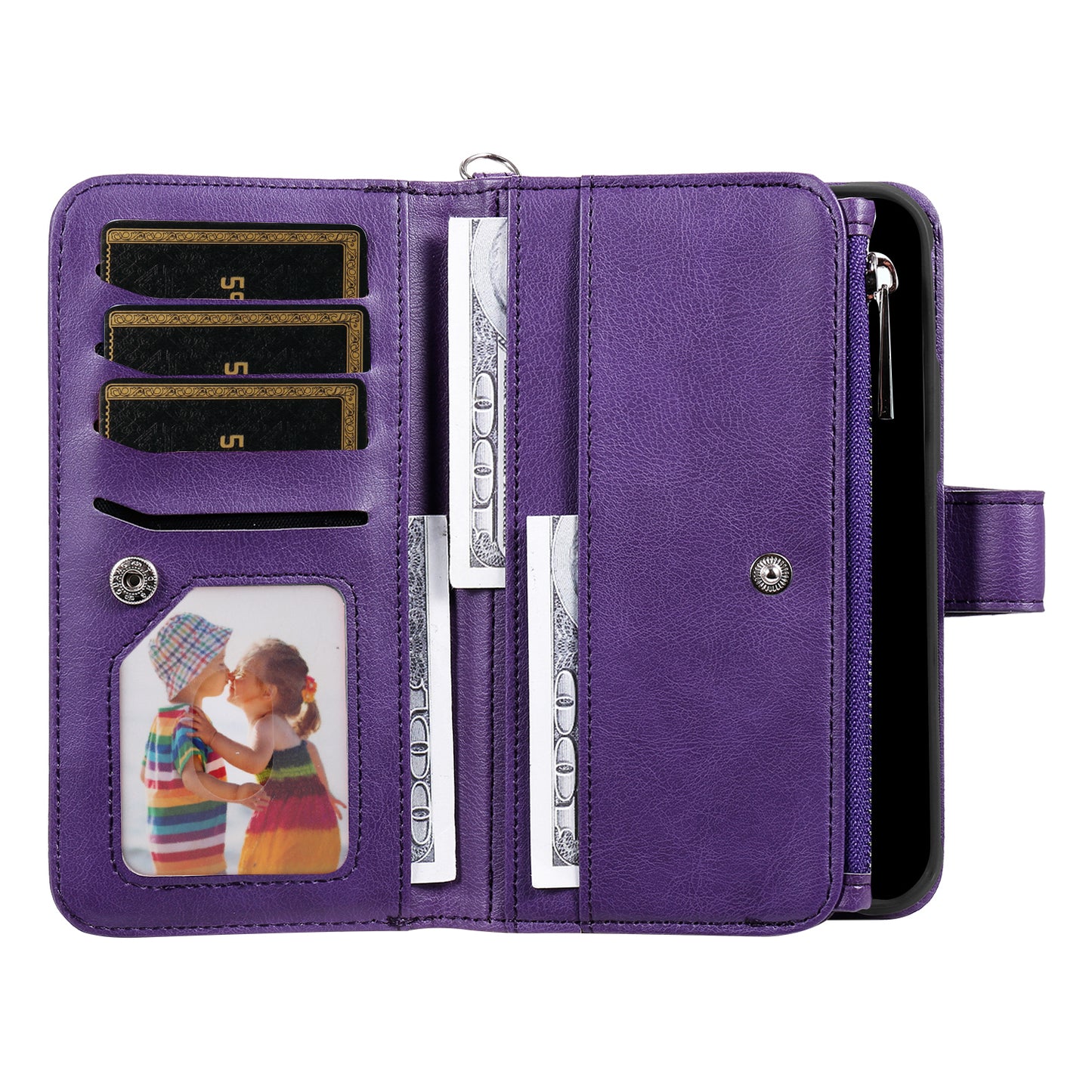 For iPhone 17 Pro Max Magnetic Leather Case Mobile Cover with Detachable Zipper Wallet Strap - Purple