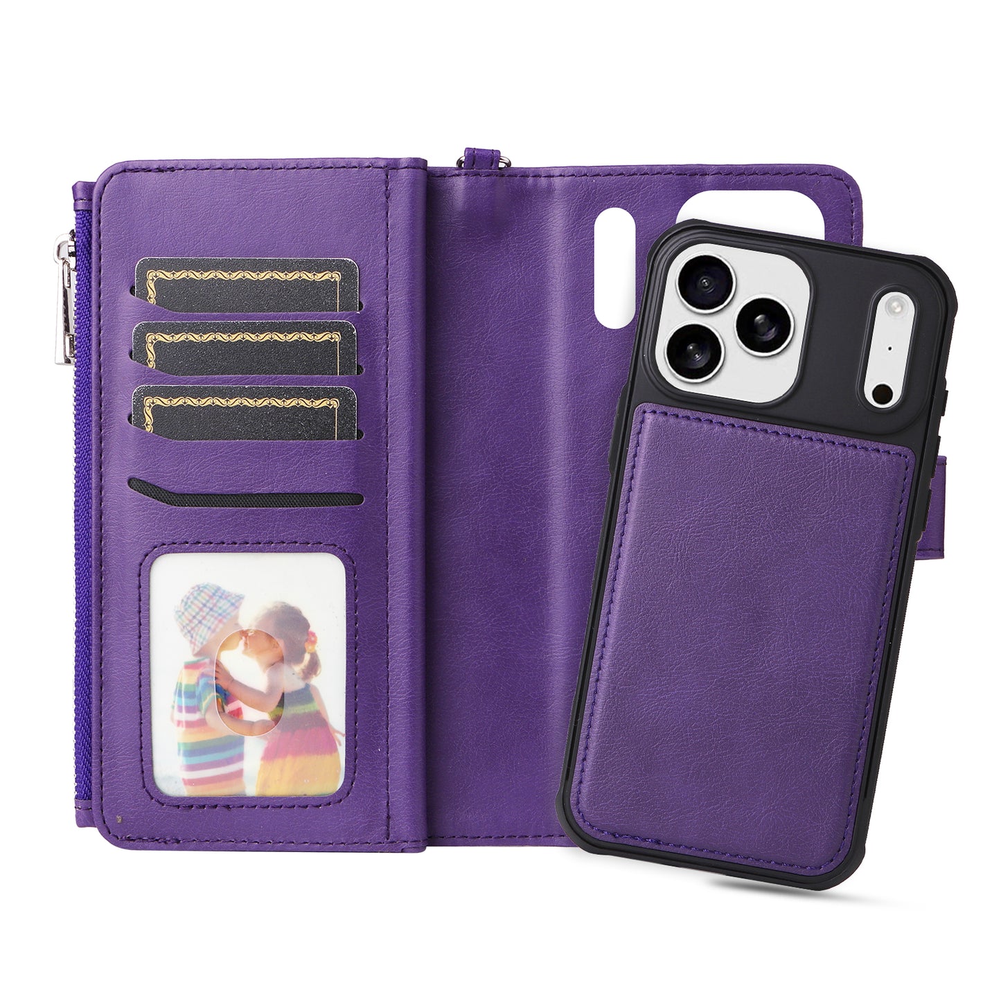 For iPhone 17 Pro Max Magnetic Leather Case Mobile Cover with Detachable Zipper Wallet Strap - Purple