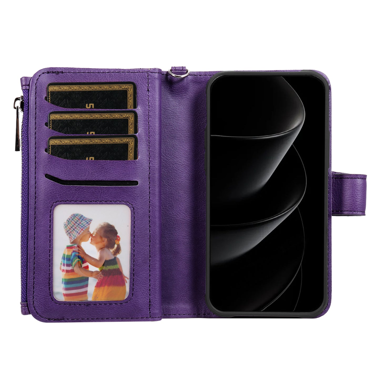 For iPhone 17 Pro Max Magnetic Leather Case Mobile Cover with Detachable Zipper Wallet Strap - Purple