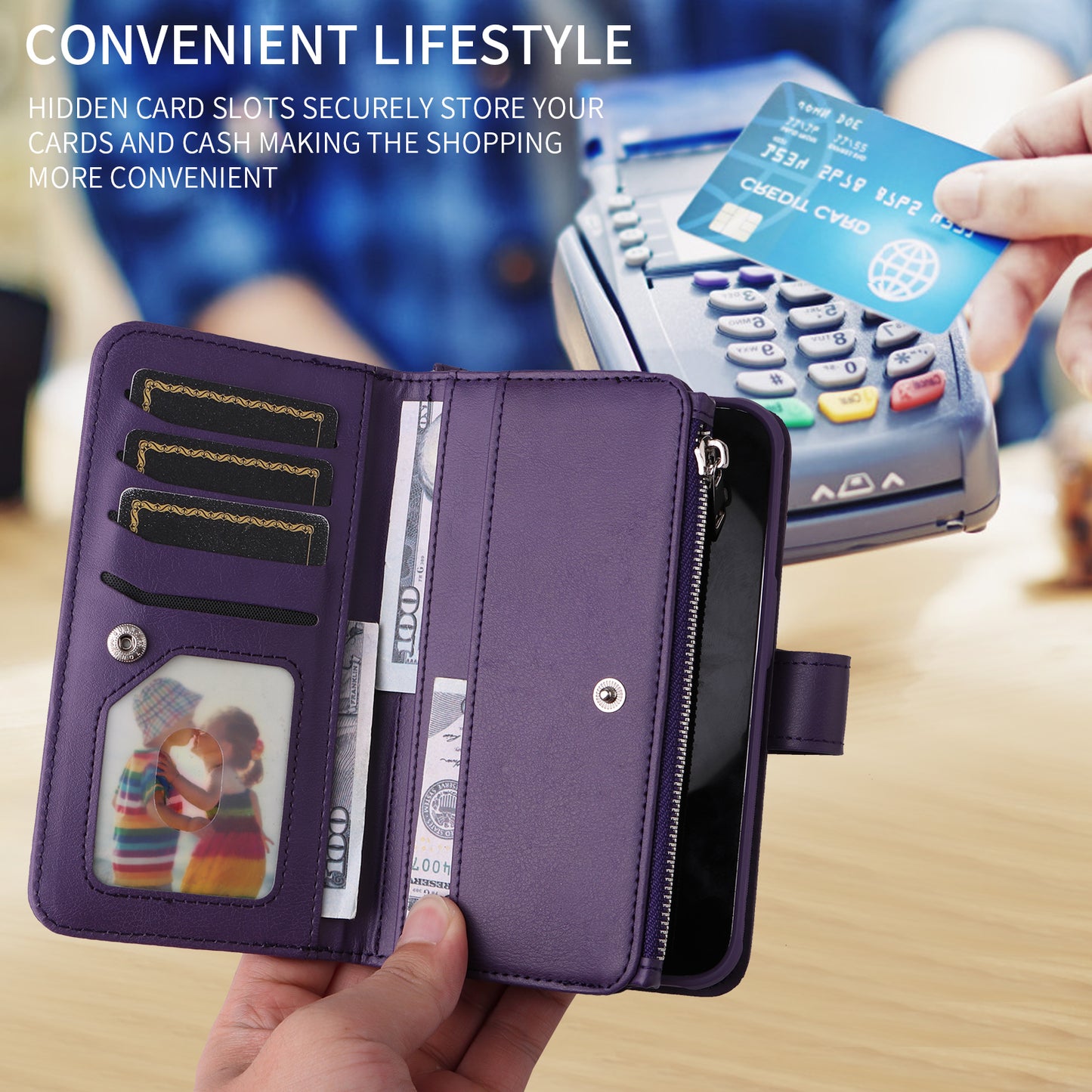 For iPhone 17 Pro Max Magnetic Leather Case Mobile Cover with Detachable Zipper Wallet Strap - Purple