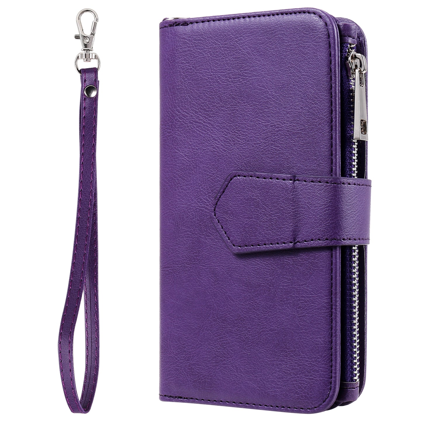 For iPhone 17 Pro Max Magnetic Leather Case Mobile Cover with Detachable Zipper Wallet Strap - Purple