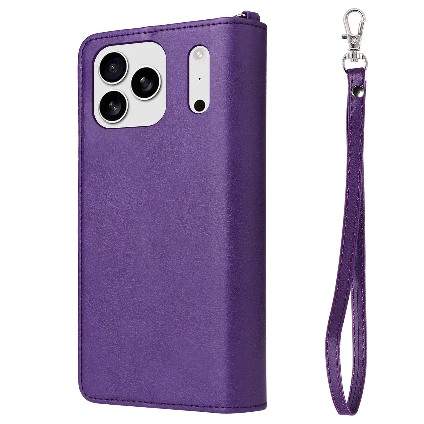 For iPhone 17 Pro Max Magnetic Leather Case Mobile Cover with Detachable Zipper Wallet Strap - Purple