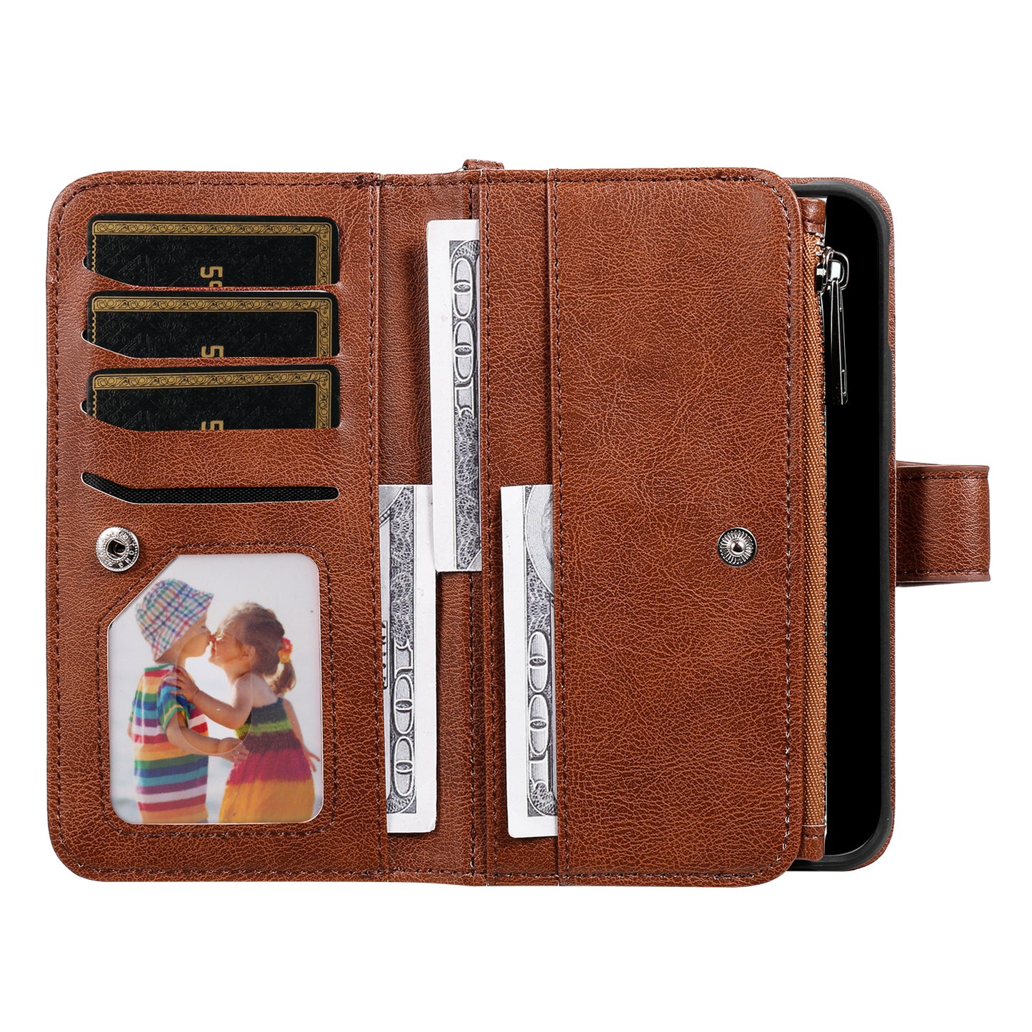 For iPhone 17 Pro Max Magnetic Leather Case Mobile Cover with Detachable Zipper Wallet Strap - Brown