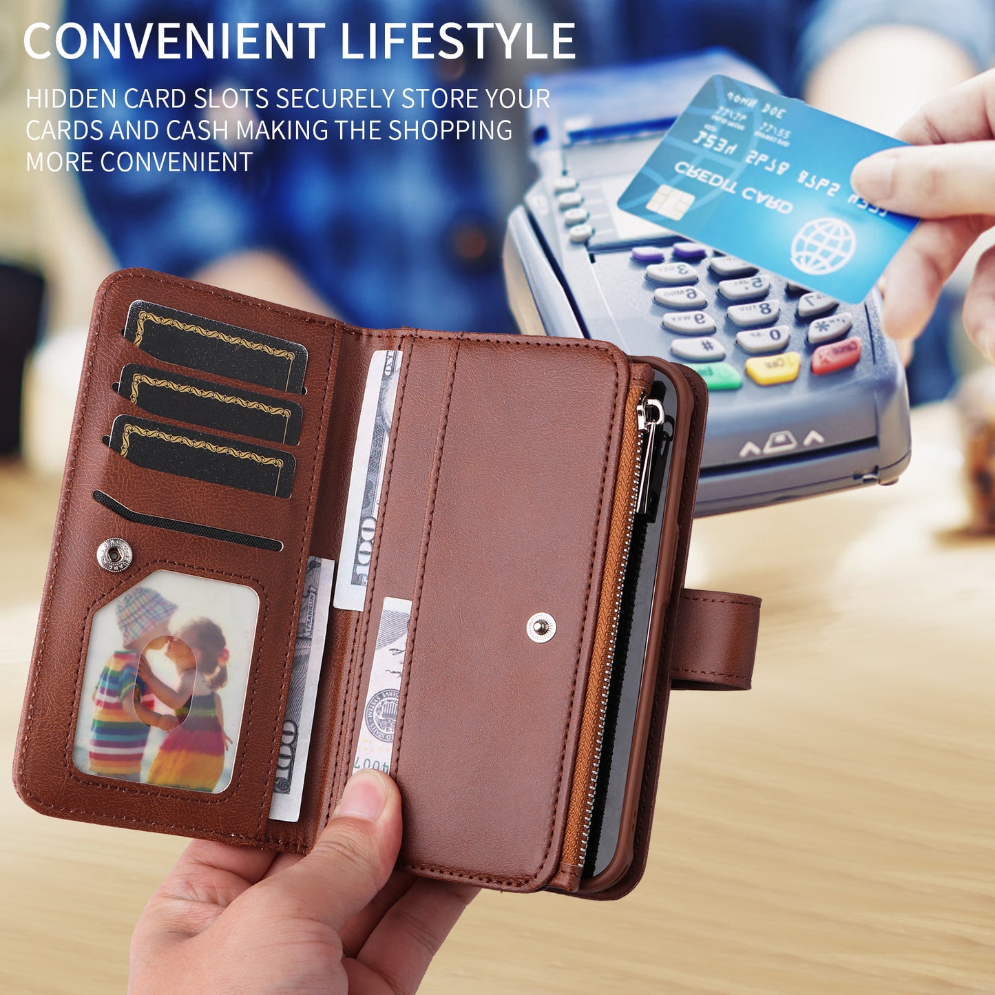 For iPhone 17 Pro Max Magnetic Leather Case Mobile Cover with Detachable Zipper Wallet Strap - Brown