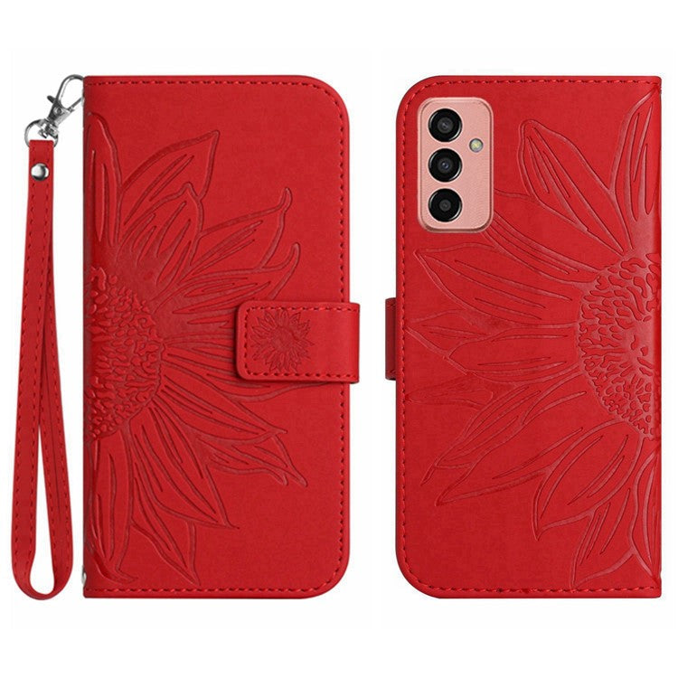 For Samsung Galaxy M13 4G (Global Version) HT04 Splash-proof Skin-touch PU Leather Cellphone Guard Cover Imprinted Sunflower Stand Wallet Phone Case with Strap - Red