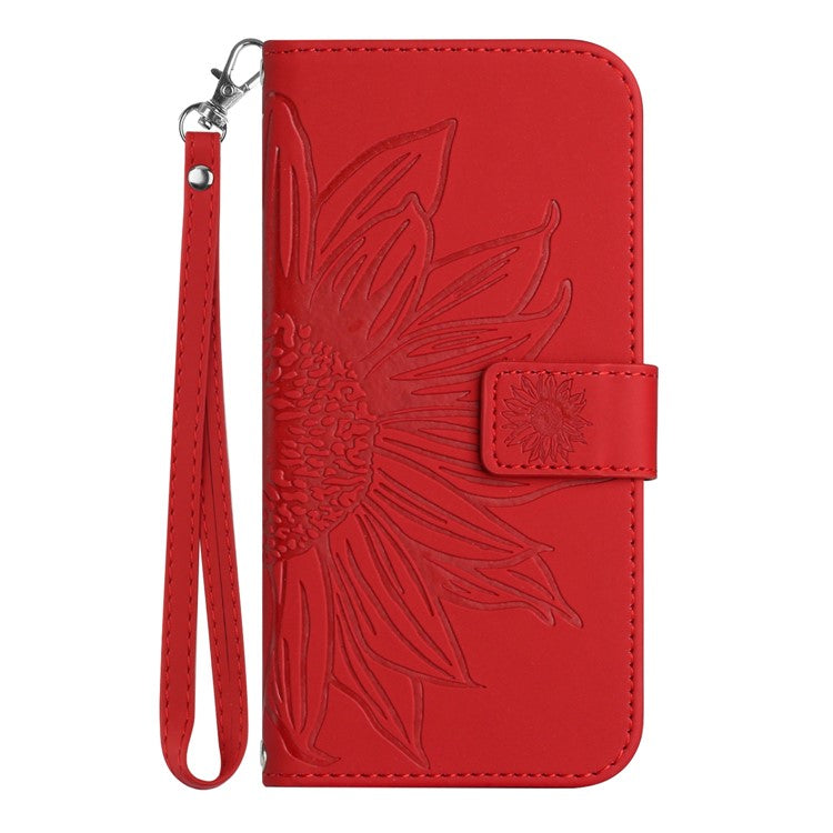 For Samsung Galaxy M13 4G (Global Version) HT04 Splash-proof Skin-touch PU Leather Cellphone Guard Cover Imprinted Sunflower Stand Wallet Phone Case with Strap - Red