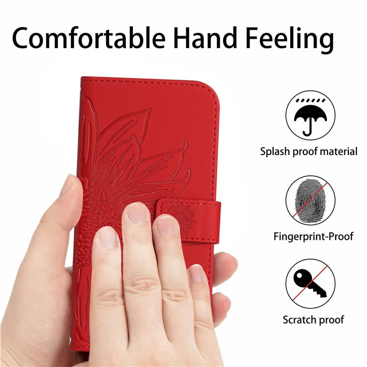For Samsung Galaxy M13 4G (Global Version) HT04 Splash-proof Skin-touch PU Leather Cellphone Guard Cover Imprinted Sunflower Stand Wallet Phone Case with Strap - Red