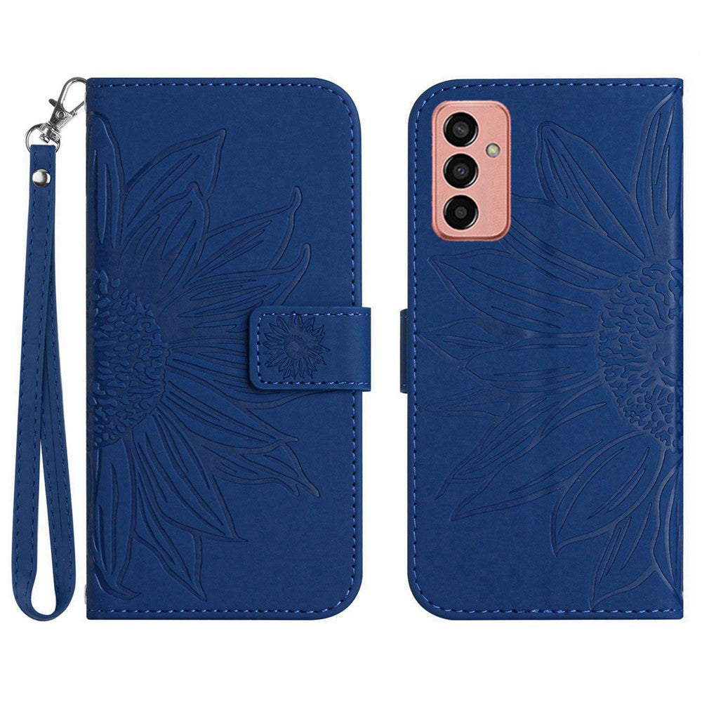 For Samsung Galaxy M13 4G (Global Version) HT04 Splash-proof Skin-touch PU Leather Cellphone Guard Cover Imprinted Sunflower Stand Wallet Phone Case with Strap - Sapphire