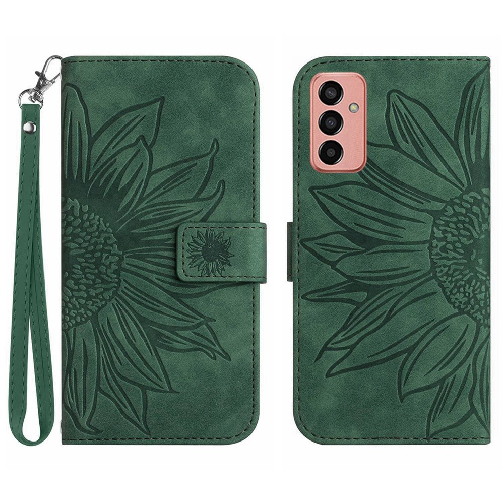 For Samsung Galaxy M13 4G (Global Version) HT04 Splash-proof Skin-touch PU Leather Cellphone Guard Cover Imprinted Sunflower Stand Wallet Phone Case with Strap - Dark Green