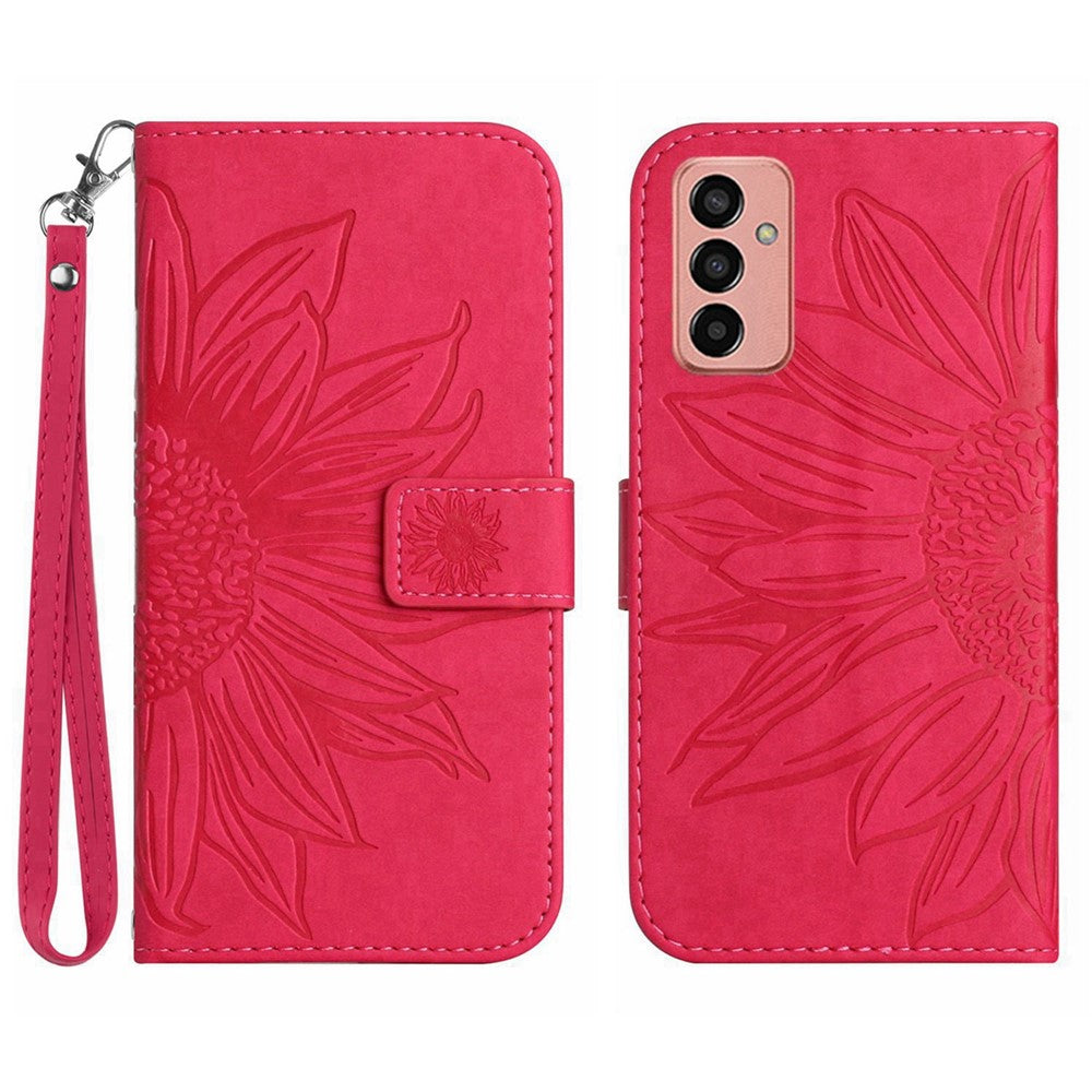 For Samsung Galaxy M13 4G (Global Version) HT04 Splash-proof Skin-touch PU Leather Cellphone Guard Cover Imprinted Sunflower Stand Wallet Phone Case with Strap - Rose