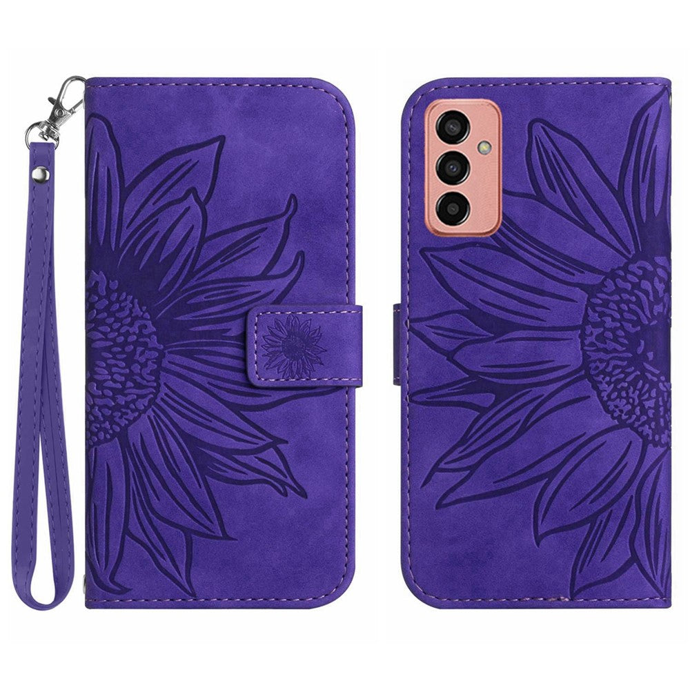 For Samsung Galaxy M13 4G (Global Version) HT04 Splash-proof Skin-touch PU Leather Cellphone Guard Cover Imprinted Sunflower Stand Wallet Phone Case with Strap - Dark Purple