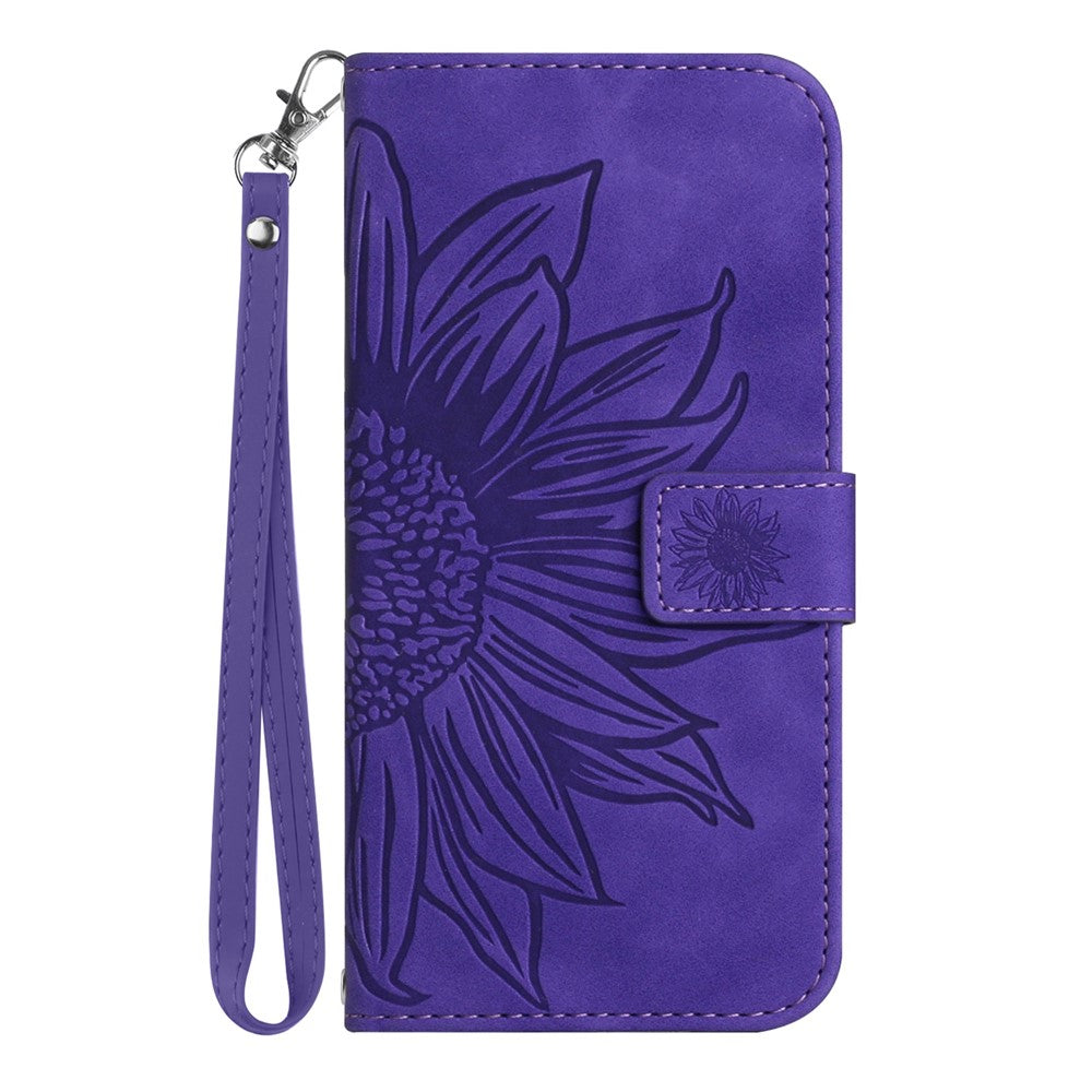 For Samsung Galaxy M13 4G (Global Version) HT04 Splash-proof Skin-touch PU Leather Cellphone Guard Cover Imprinted Sunflower Stand Wallet Phone Case with Strap - Dark Purple