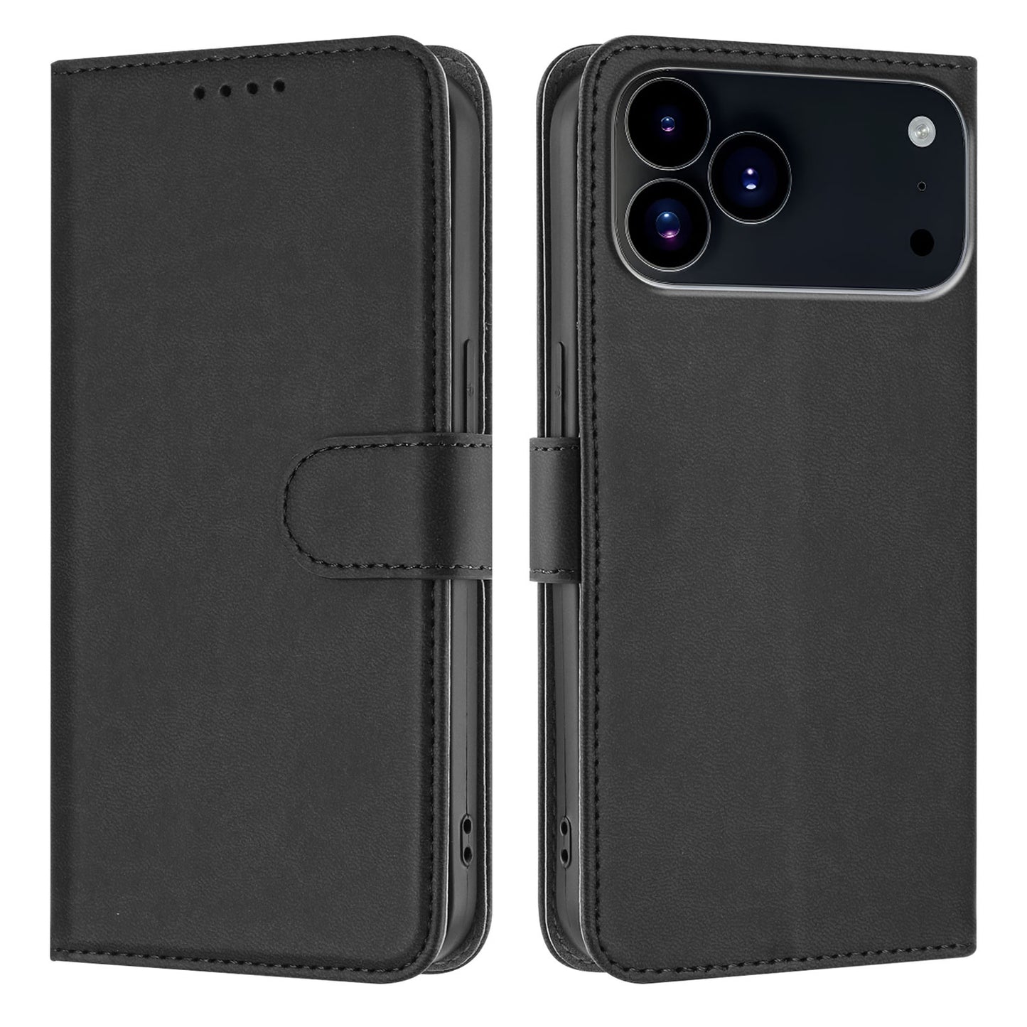 For iPhone 17 Pro Max Leather Case Solid Color Phone Cover with Wallet - Black