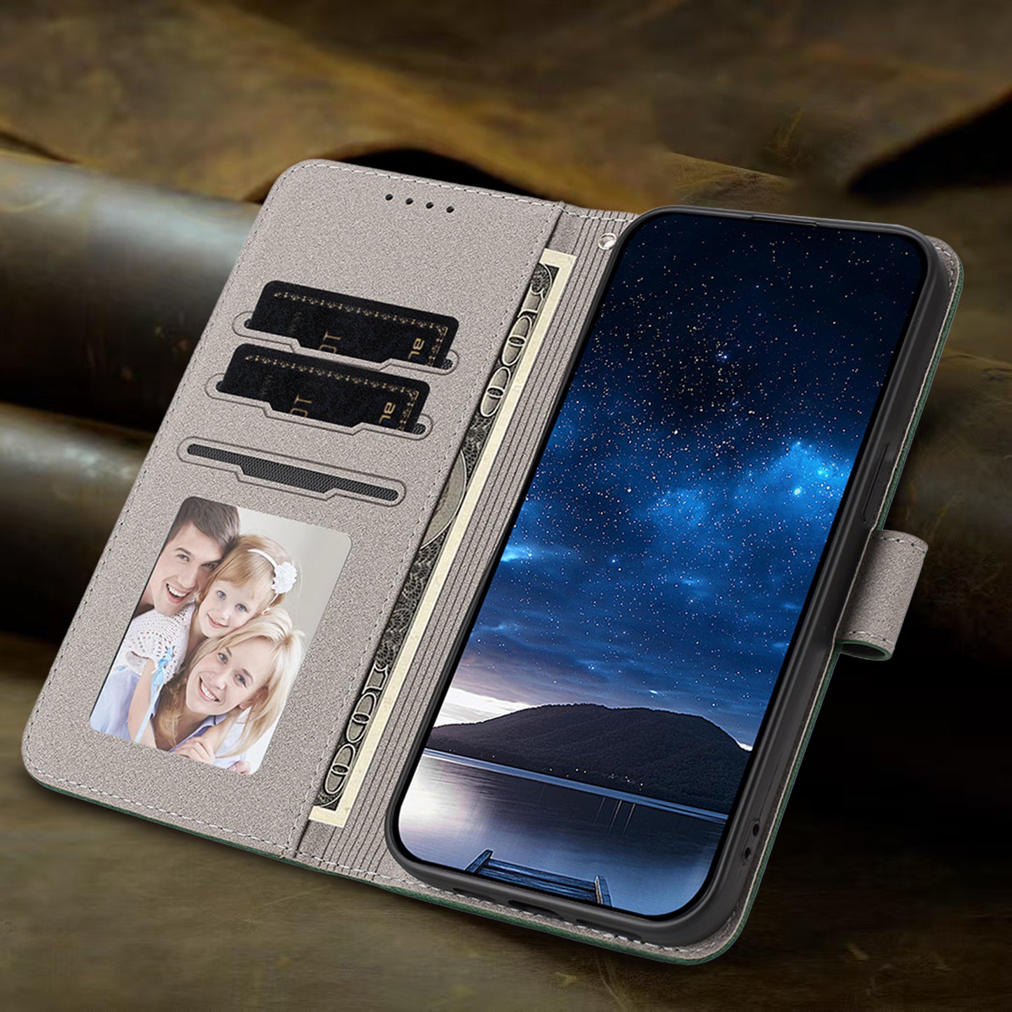 For iPhone 17 Pro Max Leather Case Solid Color Phone Cover with Wallet - Blackish Green