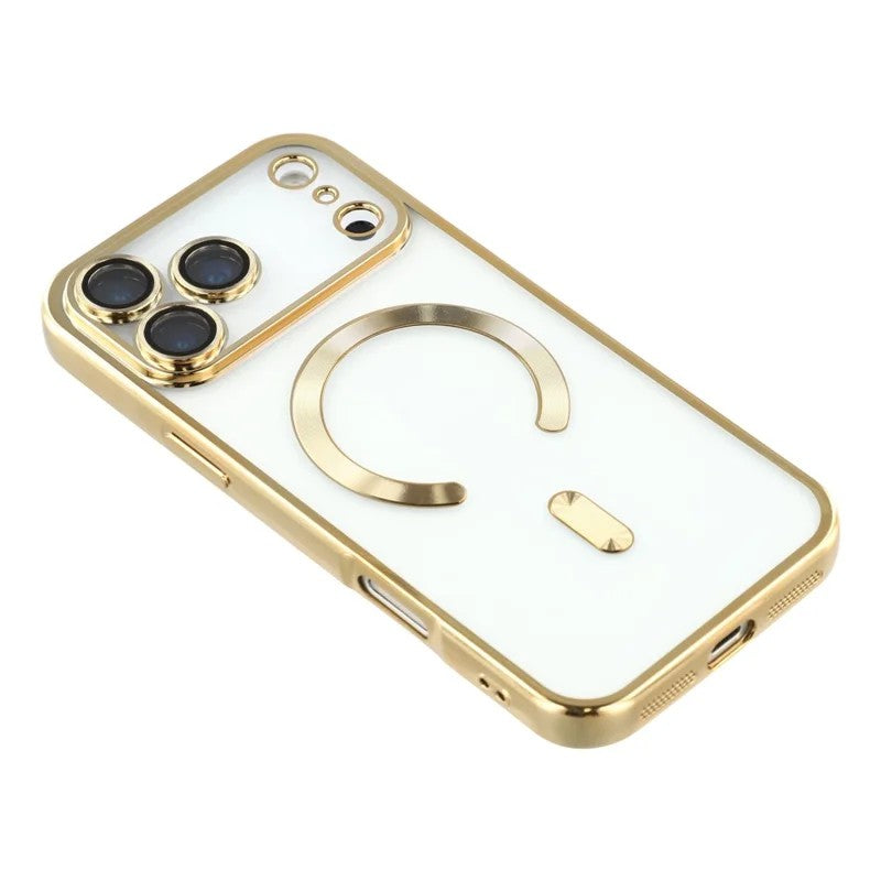 For iPhone 17 Pro Max Magnetic Case WANLONFENG Full Protection Electroplated TPU Cover with Tempered Glass - Gold